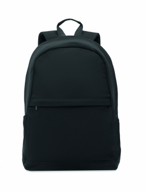 Logotrade Geschäftsgeschenke das Foto: Ein 15-Zoll-Laptop-Rucksack aus recycelter Baumwolle (Pre-Consumer) und recyceltem Polyester mit individuell anpassbarem Druck