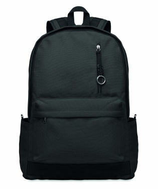 Logotrade Geschäftsgeschenke das Foto: Ein 15-Zoll-Laptop-Rucksack aus recycelter Pre-Consumer-Baumwolle mit individuell anpassbarem Druck