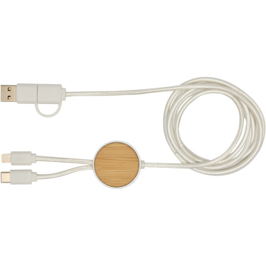 Logotrade Werbegeschenke das Foto: Chechia 150 cm 5-in-1 Kabel aus recyceltem Kunststoff für Datenübertragung und 27W Schnellladung mit Bambusdetails