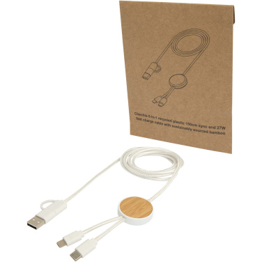 Logotrade Geschäftsgeschenke das Foto: Chechia 150 cm 5-in-1 Kabel aus recyceltem Kunststoff für Datenübertragung und 27W Schnellladung mit Bambusdetails