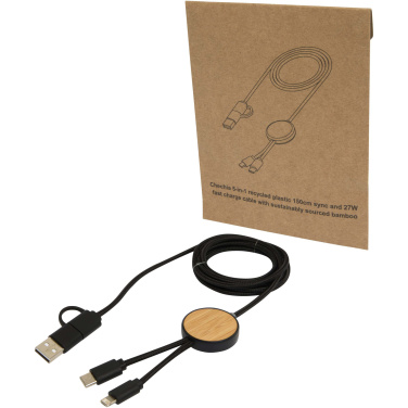 Logotrade Firmengeschenke das Foto: Chechia 150 cm 5-in-1 Kabel aus recyceltem Kunststoff für Datenübertragung und 27W Schnellladung mit Bambusdetails