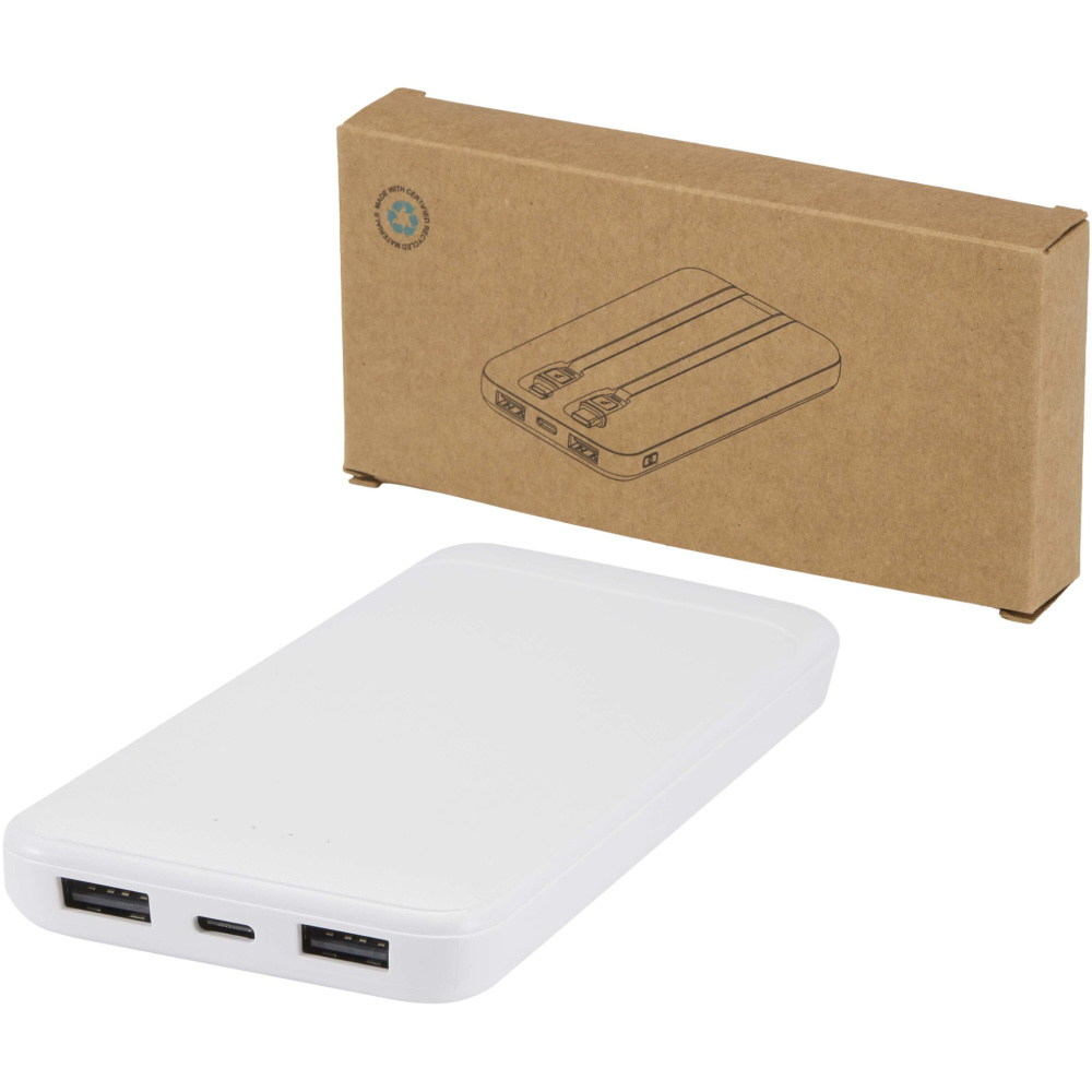 Logotrade Logogeschenke das Foto: Adhil 10 W 10.000 mAh Powerbank aus recyceltem Kunststoff mit 2 integrierten Kabeln