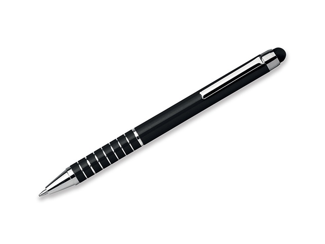 Logotrade promotional products photo of: SHORTY metal ball pen with function "touch pen", blue refill, black
