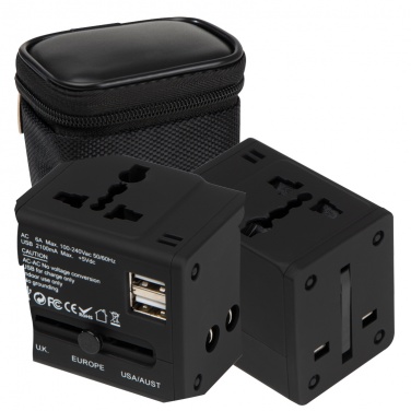 Logo trade business gifts image of: Rubberized travel adapter, black