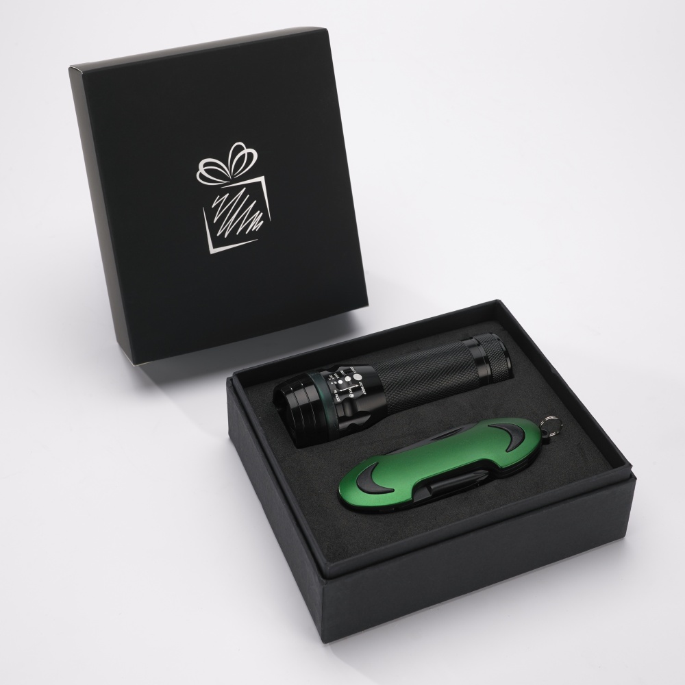 Logo trade promotional giveaway photo of: SET COLORADO I: LED TORCH AND A POCKET KNIFE, green