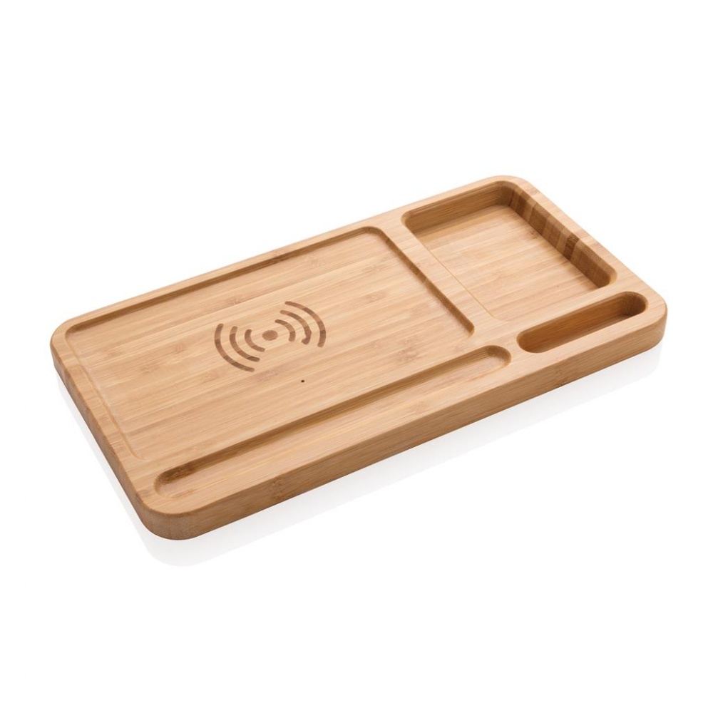 Logo trade corporate gifts image of: Bamboo desk organizer 5W wireless charger, brown