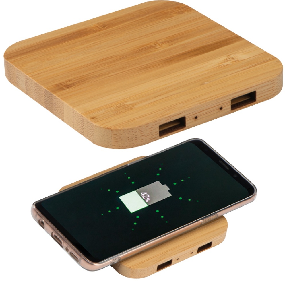 Logotrade advertising products photo of: Bamboo Wireless Charger with 2 USB ports, Beige