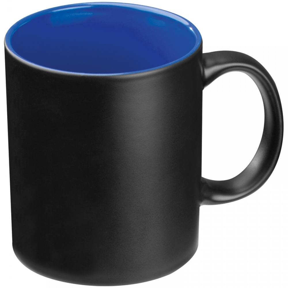 Logo trade promotional giveaways image of: Black mug with colored inside, blue