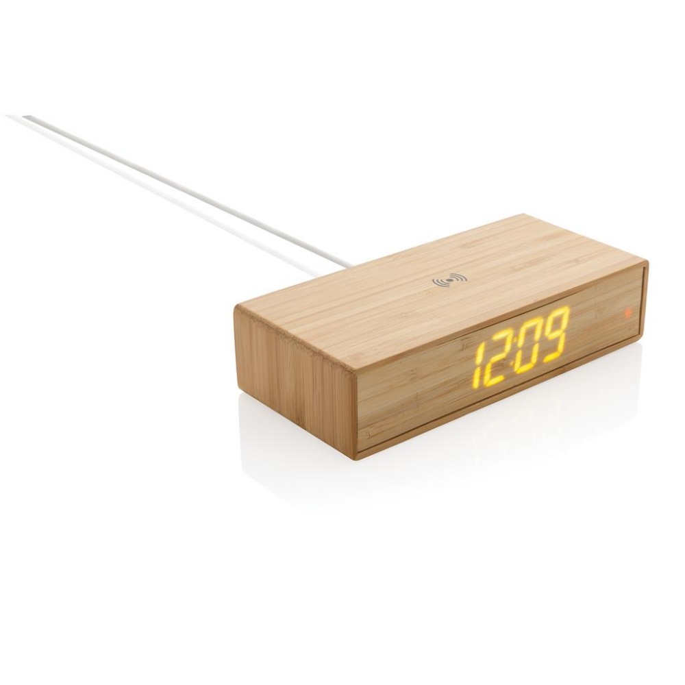 Logo trade corporate gifts picture of: Bamboo alarm clock with 5W wireless charger, brown