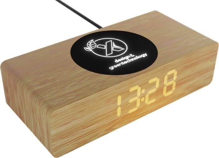 Logotrade promotional merchandise picture of: Wireless wooden charging station  and clock W30 10W - Natural ,black