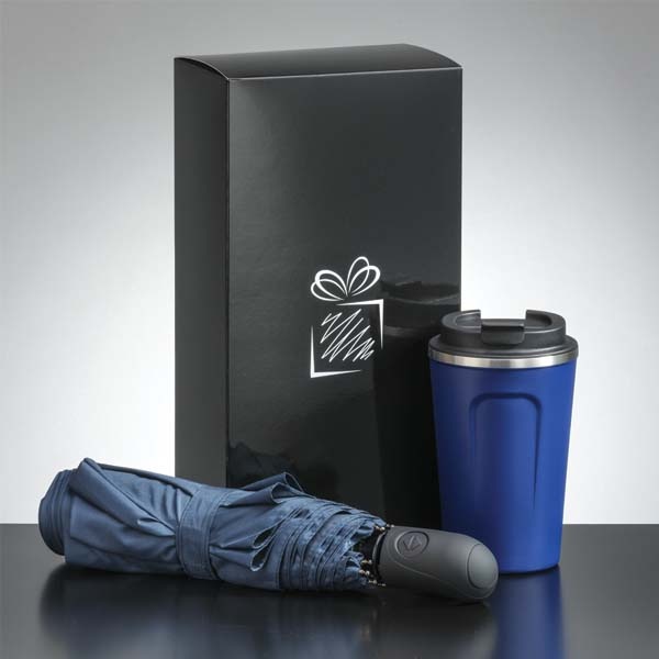 Logotrade promotional item image of: Traveller set: thermal mug 350 ml and full automatic umbrella, blue