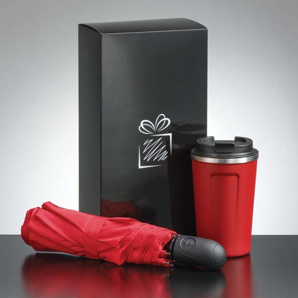 Logo trade business gift photo of: Traveller set: thermal mug 350 ml and full automatic umbrella, red