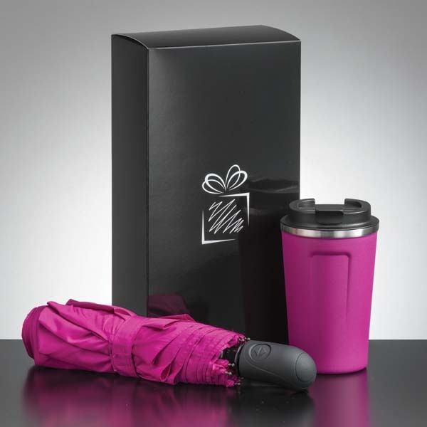 Logo trade promotional item photo of: Traveller set: thermal mug 350 ml and full automatic umbrella, pink