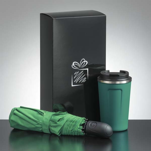 Logotrade promotional merchandise picture of: Traveller set: thermal mug 350 ml and full automatic umbrella, green