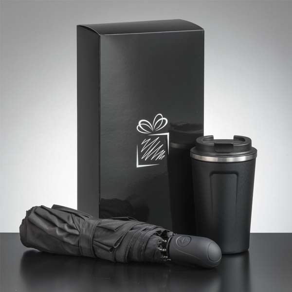 Logotrade promotional product picture of: Traveller set: thermal mug 350 ml and full automatic umbrella, black