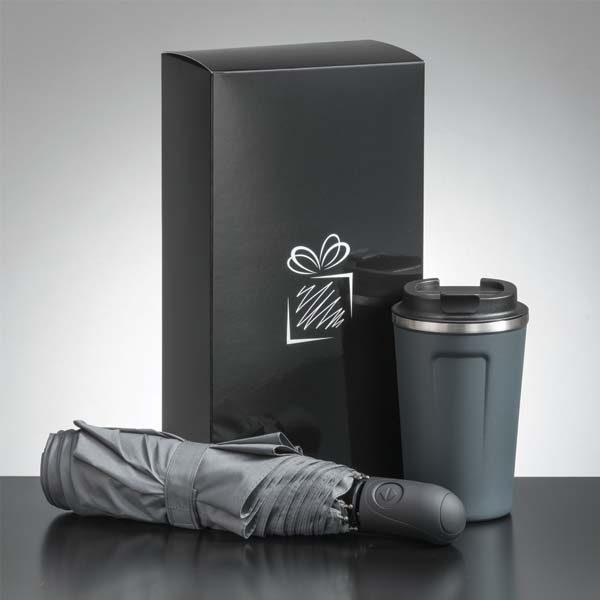 Logo trade promotional merchandise photo of: Traveller set: thermal mug 350 ml and full automatic umbrella, gray