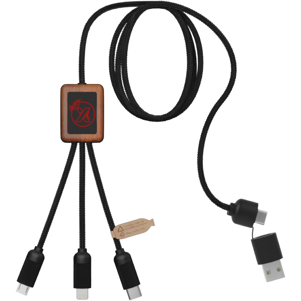 Logo trade promotional items picture of: SCX.design C38 5-in-1 rPET light-up logo charging cable with squared wooden casing