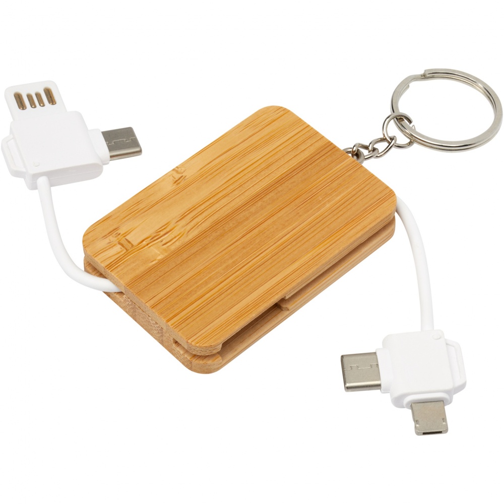 Logotrade corporate gift picture of: Reel 6-in-1 retractable bamboo key ring charging cable