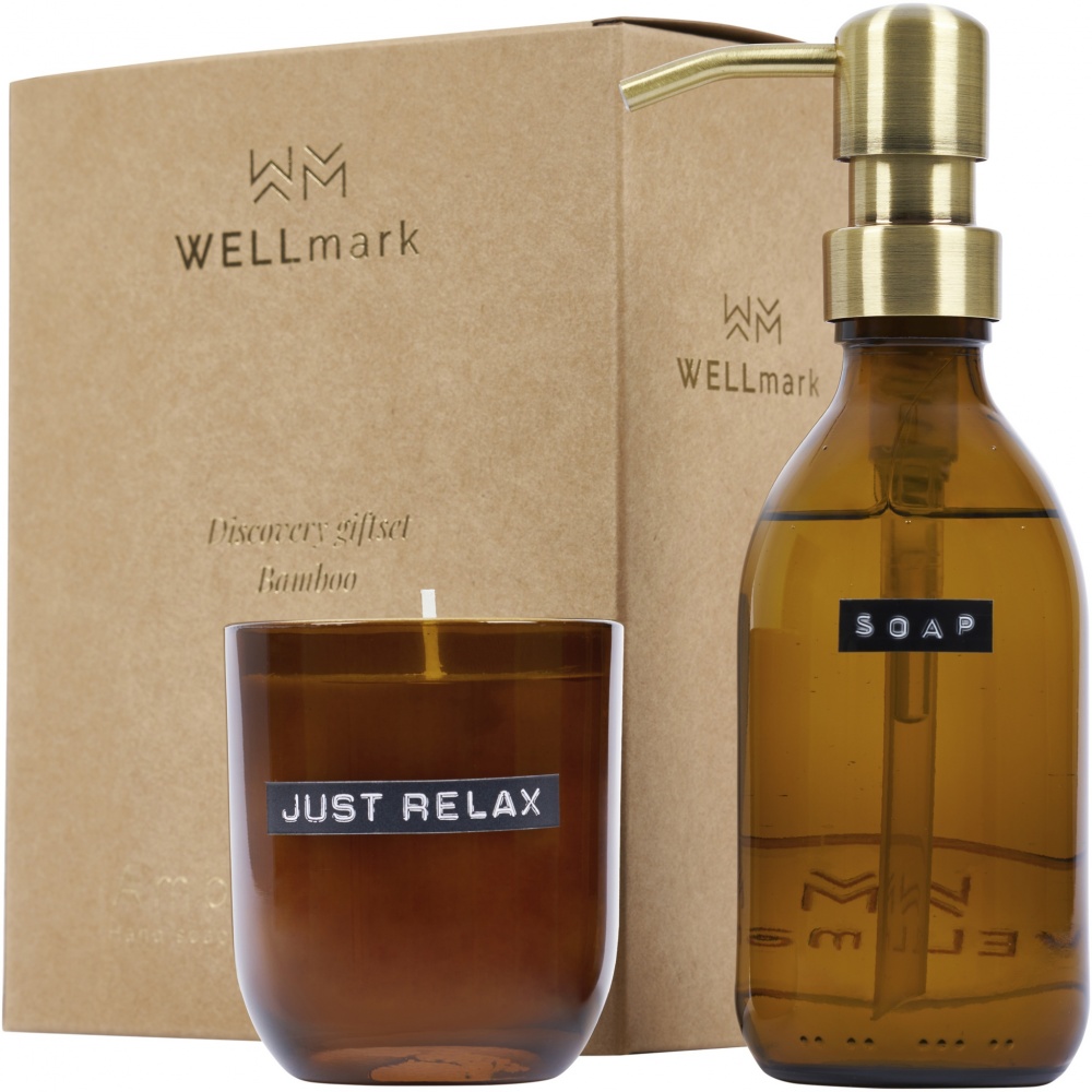 Logotrade promotional merchandise picture of: Wellmark Discovery 200 ml hand soap dispenser and 150 g scented candle set - bamboo fragrance