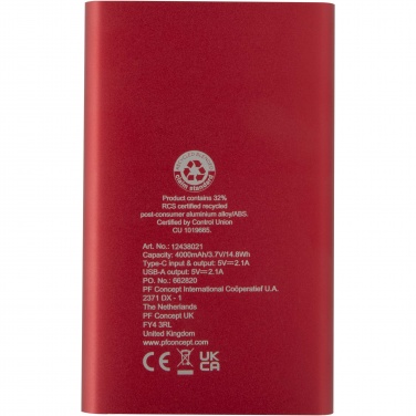 Logo trade corporate gifts picture of: Pep 4000 mAh Type-C recycled aluminium power bank 