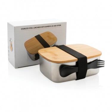 Logotrade corporate gift picture of: Stainless steel lunchbox with bamboo lid and spork