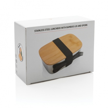 Logo trade promotional items image of: Stainless steel lunchbox with bamboo lid and spork