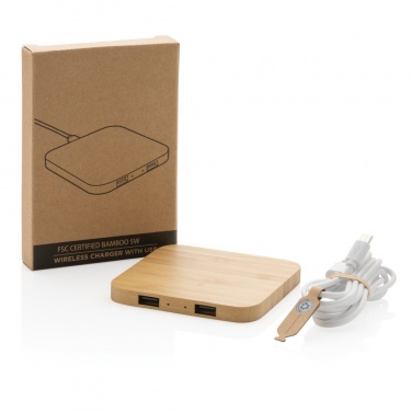 Logo trade promotional gift photo of: Bamboo 5W wireless charger with USB