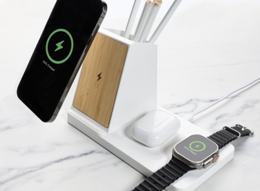 Logotrade promotional giveaway image of: Ontario recycled plastic & bamboo 3-in-1 wireless charger