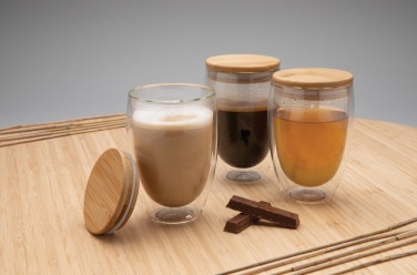 Logo trade promotional giveaways image of: Double wall borosilicate glass with bamboo lid 350ml