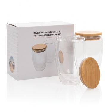 Logotrade promotional gift image of: Double wall borosilicate glass with bamboo lid 350ml 2pc set