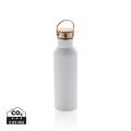 Modern stainless steel bottle with bamboo lid, white