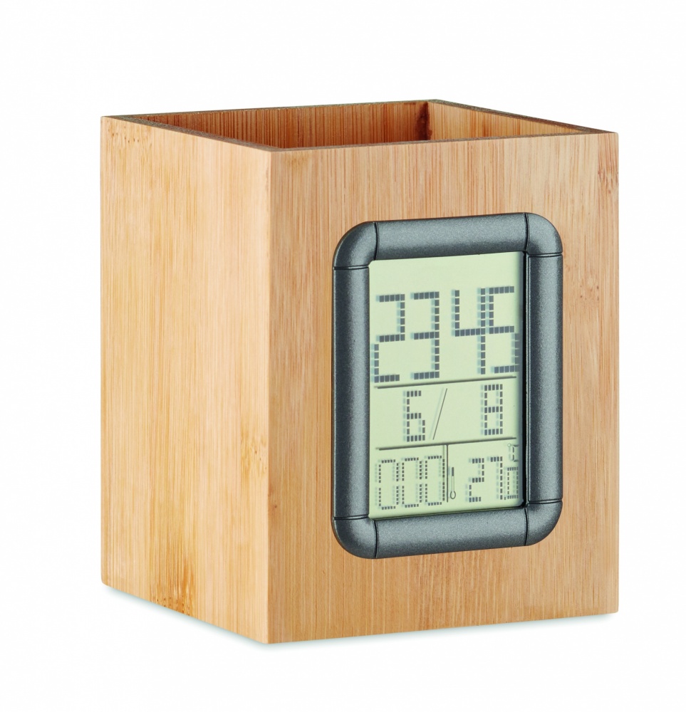 Logo trade promotional items image of: Bamboo pen holder and LCD clock