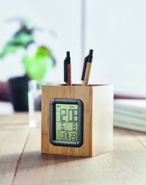 Logo trade advertising product photo of: Bamboo pen holder and LCD clock