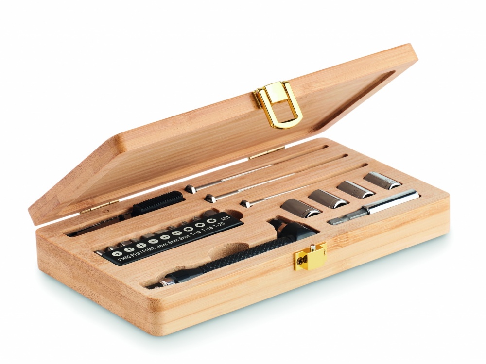 Logo trade business gifts image of: 21 pcs tool set in bamboo case