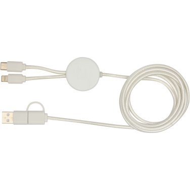 Logo trade promotional items image of: Chechia 5-in-1 recycled plastic 150 cm data sync and 27W fast charge cable with bamboo details