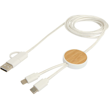 Logotrade promotional item image of: Chechia 5-in-1 recycled plastic 150 cm data sync and 27W fast charge cable with bamboo details