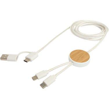 Logotrade promotional products photo of: Chechia 5-in-1 recycled plastic 150 cm data sync and 27W fast charge cable with bamboo details