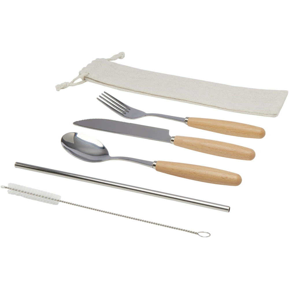 Logotrade promotional merchandise image of: Root 5-piece stainless steel and beech wood cutlery set