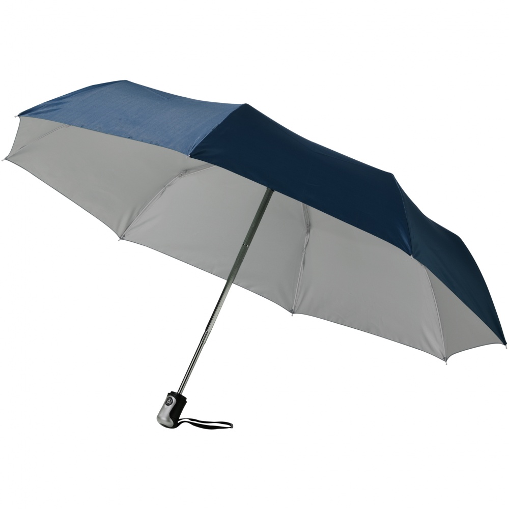Logotrade liikelahja tuotekuva: 21.5" Alex 3-osainen automaattinen sateenvarjo, tummansininen - hopea