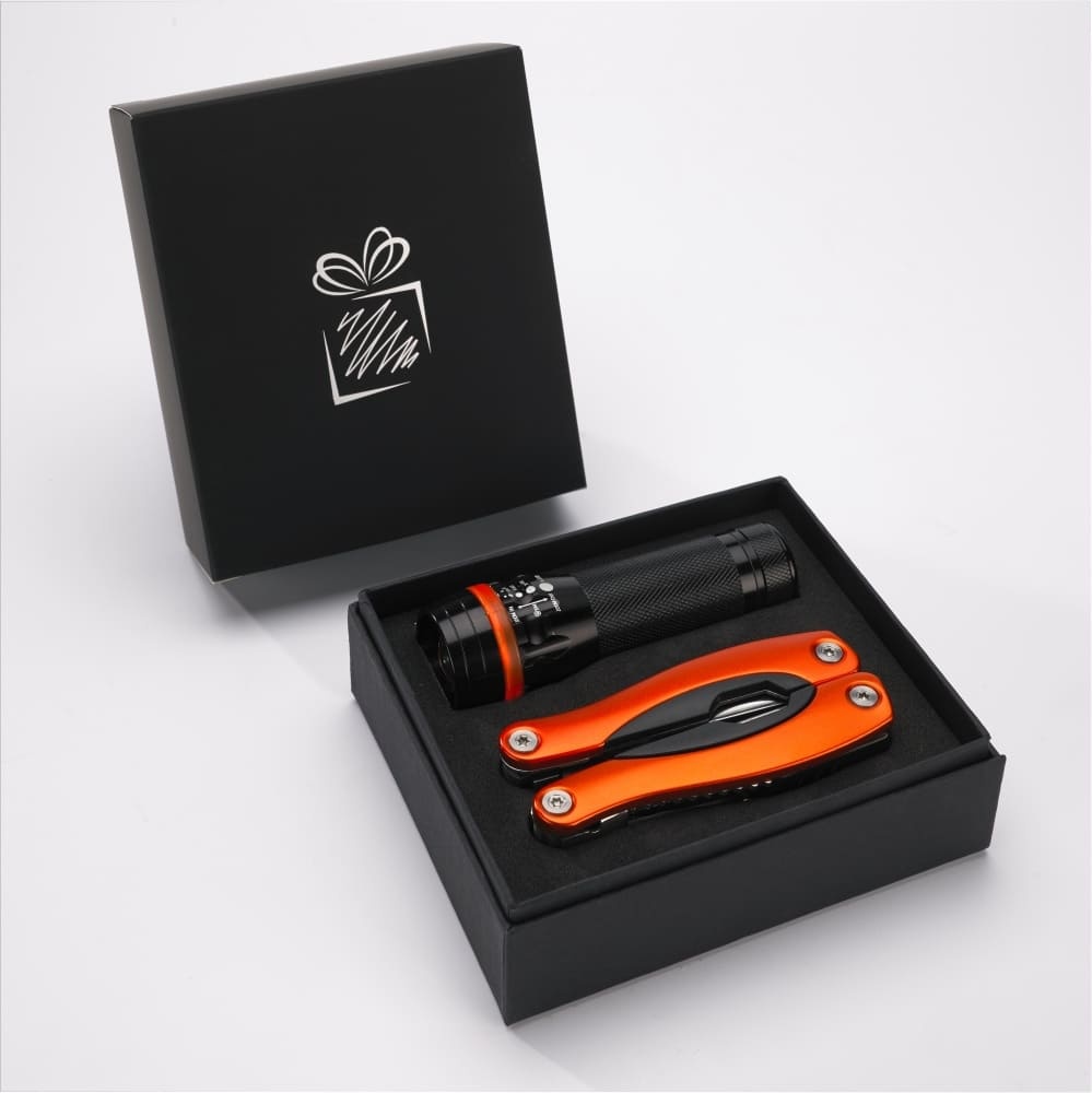 Logotrade liikelahja tuotekuva: Lahjasetti Colorado II - taskulamppu ja iso monitoimityökalu, oranssi