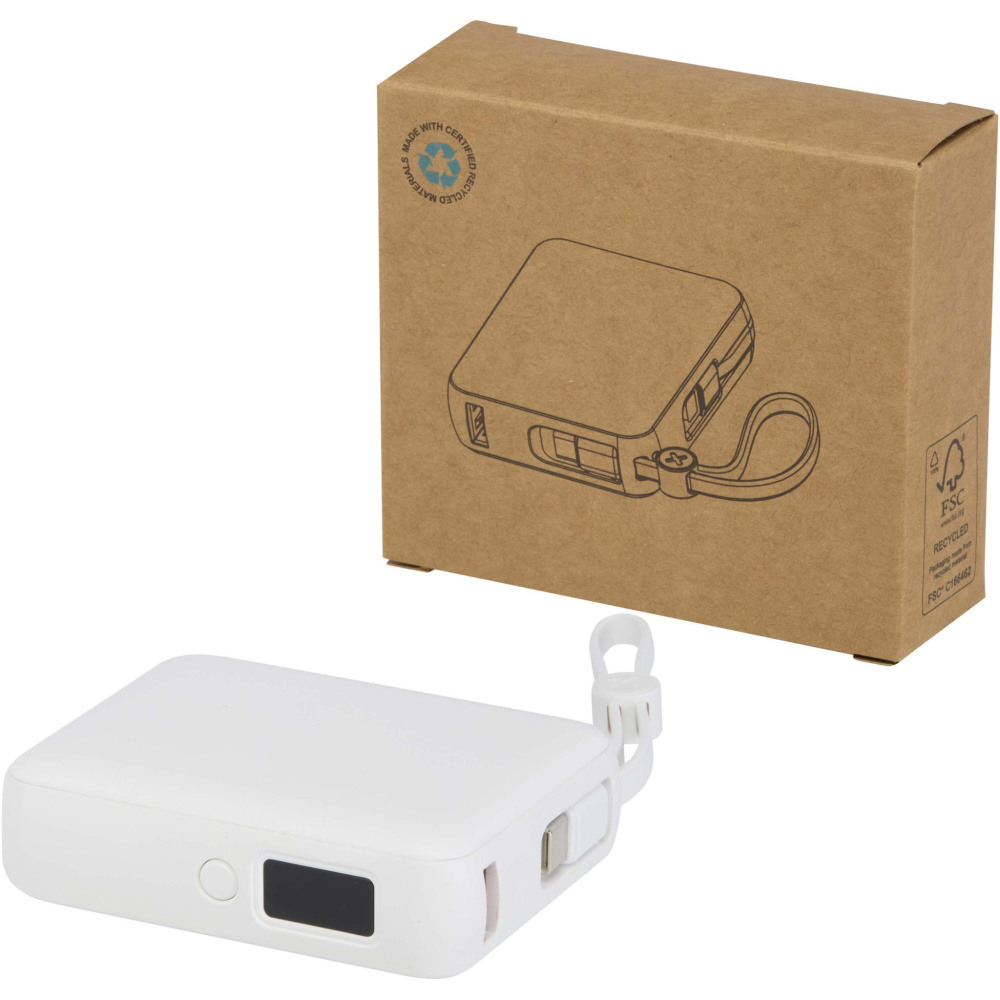 Logo trade liikelahja mainoslahja tuotekuva: Acrux 10 000 mAh:n ja 35 W:n tablettivirtalähde, jossa sisäänrakennettu Type-C-kaapeli – valmistettu kierrätetystä muovista