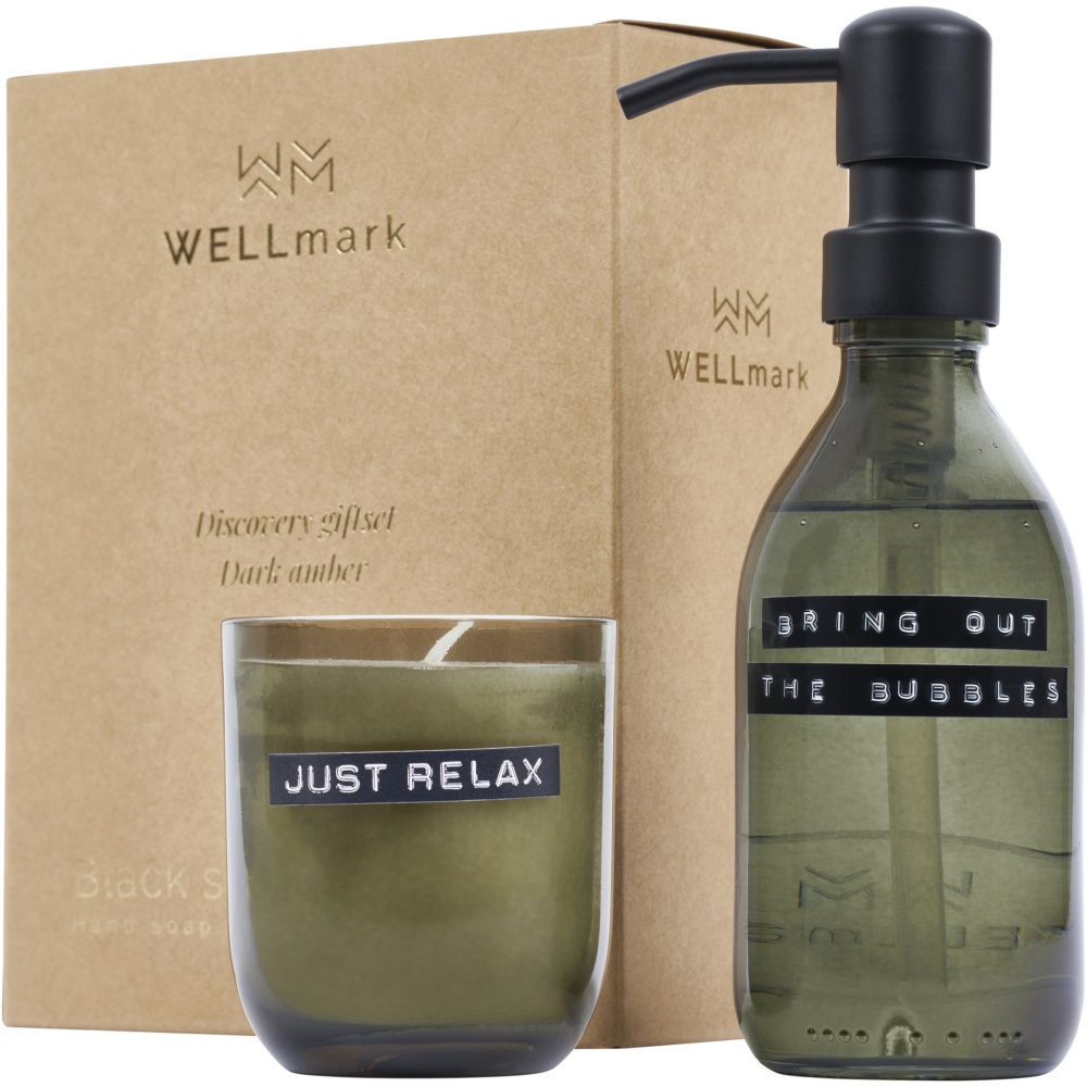 Logotrade dāvanas foto: Wellmark Discovery 200 ml roku ziepju dozators un 150 g aromātisko sveču komplekts - tumšs dzintara aromāts