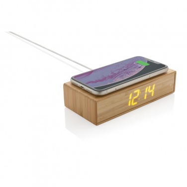 Лого трейд бизнес-подарки фото: Бамбуковый будильник с беспроводным зарядным устройством, коричневый