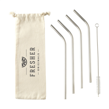 Logotrade kampanjprodukter bild: ECO RVS 4 stycken ECO Straw Set sugrör i rostfritt stål